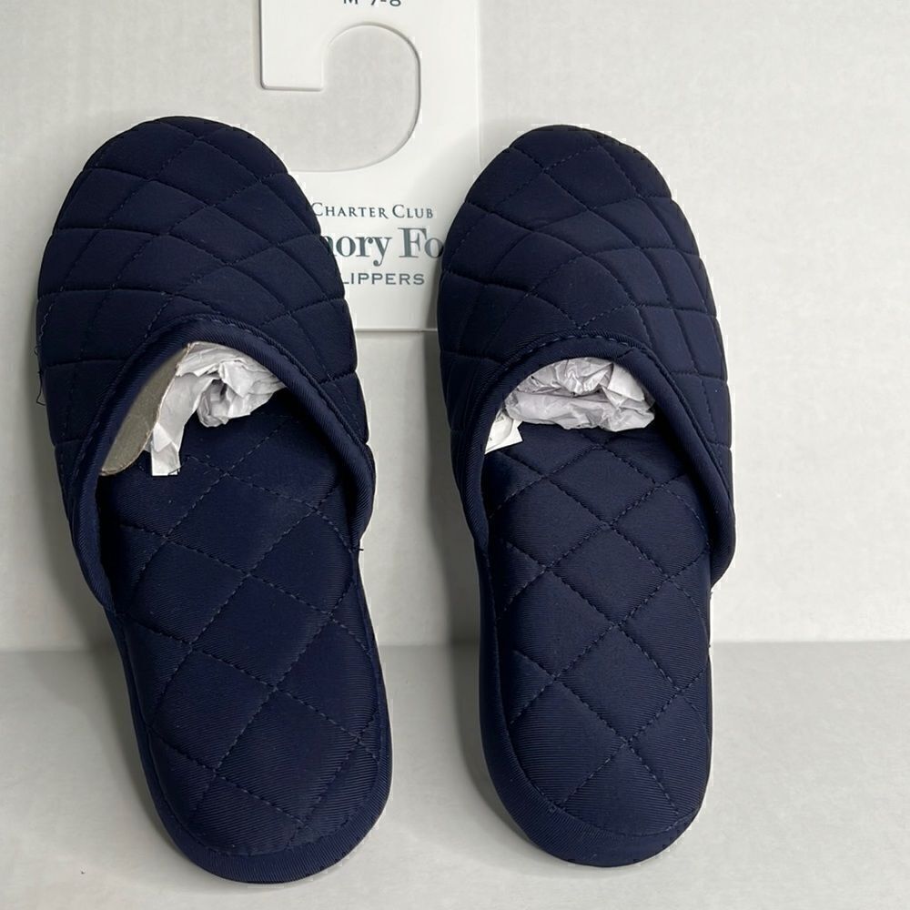 Charter Club navy blue quilted slippers size medium   7 - 8.  NWT